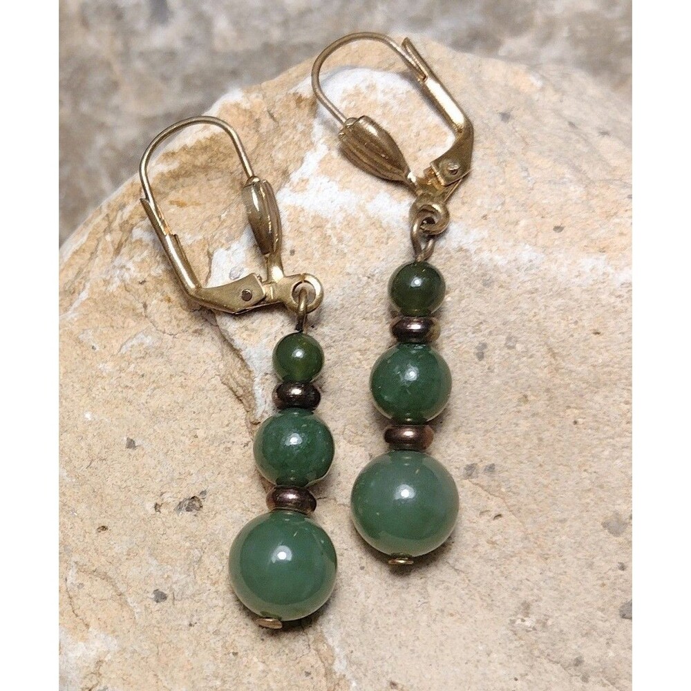 Vintage Green Aventurine Crystal Stone Beaded Gold tone Dangle Earrings